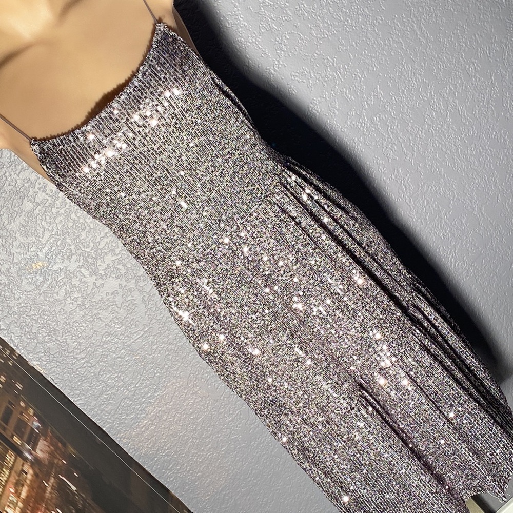 Zara Silver Sequin Spaghetti Strap Midi Dress